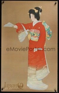 3y138 JAPAN travel poster '60s great artwork of woman in kimono by Shoen Uemura!
