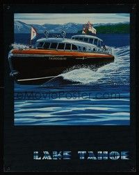 3y143 LAKE TAHOE travel poster '80s great Dryer artwork of boat out on the lake!