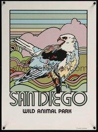 3y154 WILD ANIMAL PARK SAN DIEGO white travel poster '80s great Mario Uribe artwork of bird!