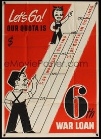 3y016 6TH WAR LOAN war poster '44 WWII, let's go, cartoon art of loan goals!