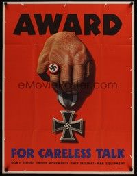 3y021 AWARD FOR CARELESS TALK war poster '44 WWII, Dohanos art of Nazi symbols, cool design!