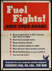 3y035 FUEL FIGHTS! SAVE YOUR SHARE war poster '43 WWII, tips for fuel conservation!