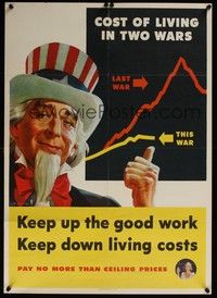 3y044 KEEP UP THE GOOD WORK KEEP DOWN LIVING COSTS war poster '44 WWII, Uncle Sam fights inflation