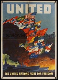 3y065 UNITED NATIONS FIGHT FOR FREEDOM war poster '43 WWII, Ragan art of fighting ships!