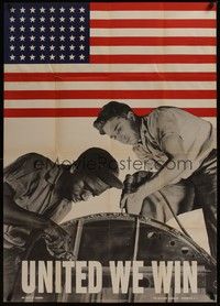 3y066 UNITED WE WIN war poster '42 WWII, Liberman photo, different races working together!