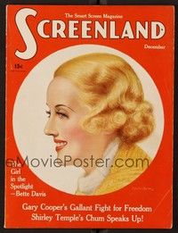 3z076 SCREENLAND magazine December 1935 profile portrait art of Bette Davis by Charles Sheldon!