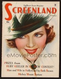 3z066 SCREENLAND magazine February 1935 art of Ruby Keeler in cool hat by Charles Sheldon!