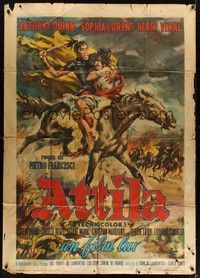 4a349 ATTILA Italian 1p '58 art of Anthony Quinn & sexy Sophia Loren on horse by Averardo Ciriello