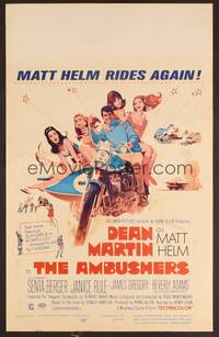 4a012 AMBUSHERS WC '67 art of Dean Martin as Matt Helm with sexy Slaygirls on motorcycle!
