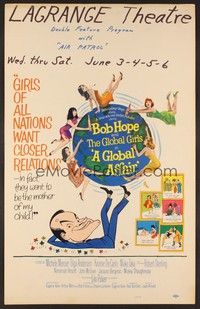 4a062 GLOBAL AFFAIR WC '64 great art of Bob Hope spinning Earth & sexy girls, Yvonne De Carlo!