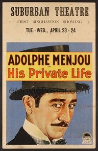 4a068 HIS PRIVATE LIFE WC '28 great close up art of dapper Adolphe Menjou wearing top hat!