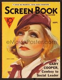 4c065 SCREEN BOOK magazine September 1933 great art of Greta Garbo with enigmatic look!