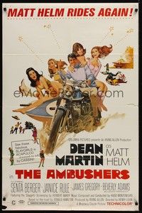 4d041 AMBUSHERS  1sh '67 art of Dean Martin as Matt Helm with sexy Slaygirls on motorcycle!