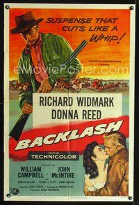 4d067 BACKLASH  1sh '56 cool art of Richard Widmark, Donna Reed, suspense that cuts like a whip!