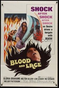4d113 BLOOD & LACE  1sh '71 AIP, gruesome horror image of wacky cultist w/bloody hammer!