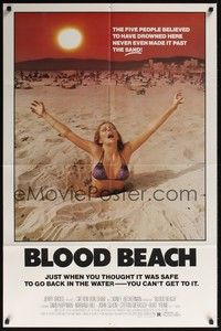 4d115 BLOOD BEACH  1sh '81 classic Jaws parody image of sexy girl in bikini sinking in quicksand!