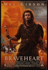 4d138 BRAVEHEART advance DS 1sh '95 cool image of Mel Gibson as William Wallace!