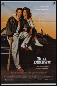 4d151 BULL DURHAM  1sh '88 great image of baseball player Kevin Costner & sexy Susan Sarandon!