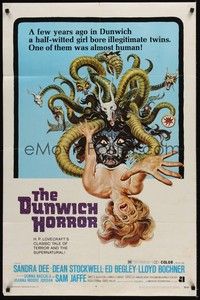 4d278 DUNWICH HORROR  1sh '70 AIP, wild horror art of Medusa monster attacking woman!