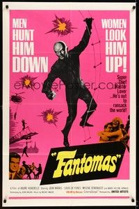 4d307 FANTOMAS  1sh '66 Jean Marais, Mylene Demongeot, cool action artwork!