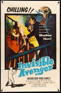 4d456 INVISIBLE AVENGER  1sh '58 the unseen Shadow Man, cool chilling horror artwork!