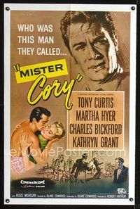 4d532 MISTER CORY  1sh '57 art of professional poker player Tony Curtis & kissing sexy Martha Hyer!