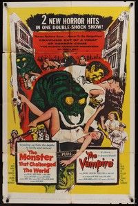4d539 MONSTER THAT CHALLENGED THE WORLD/VAMPIRE  1sh '57 cool artwork of monsters!