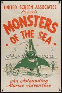 4d540 MONSTERS OF THE SEA  1sh '30s cool artwork of giant stingray being lifted from ocean!