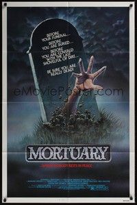 4d542 MORTUARY  1sh '83 Satanic cult, cool artwork of hand reaching up from grave!
