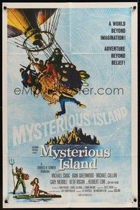 4d555 MYSTERIOUS ISLAND  1sh '61 Ray Harryhausen, Jules Verne sci-fi, cool hot-air balloon art!