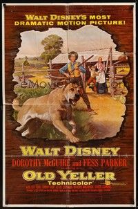 4d595 OLD YELLER  1sh '57 Dorothy McGuire, Fess Parker, great art of Walt Disney's classic canine!