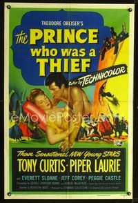 4d653 PRINCE WHO WAS A THIEF  1sh '51 romantic art of Tony Curtis & pretty Piper Laurie!