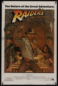 4d668 RAIDERS OF THE LOST ARK  1sh R82 great art of adventurer Harrison Ford by Richard Amsel!