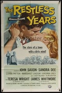 4d690 RESTLESS YEARS  1sh '58 John Saxon & Sandra Dee are condemned by a town with a dirty mind!