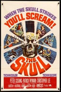 4d791 SKULL  1sh '65 Peter Cushing, Christopher Lee, cool horror artwork of creepy skull!