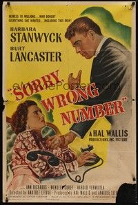 4d810 SORRY WRONG NUMBER  1sh '48 Burt Lancaster smacks the phone from Barbara Stanwyck!