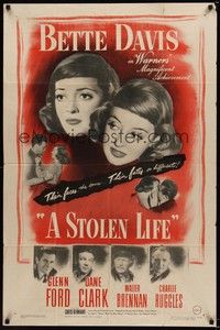 4d829 STOLEN LIFE  1sh '46 Bette Davis as identical twins with different fates, Glenn Ford