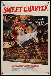 4d845 SWEET CHARITY  1sh '69 Bob Fosse musical starring Shirley MacLaine, it's all about love!