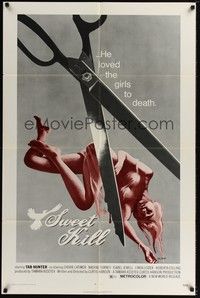 4d847 SWEET KILL  1sh '72 Curtis Hanson directed, wild image of sexy girl & scissors!