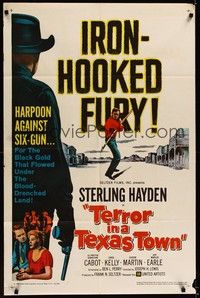 4d865 TERROR IN A TEXAS TOWN  1sh '58 great artwork of Sterling Hayden holding huge harpoon!