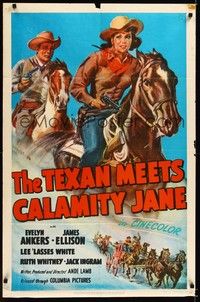 4d869 TEXAN MEETS CALAMITY JANE  1sh '50 art of cowgirl Evelyn Ankers & James Ellison on horseback!