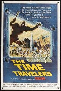 4d895 TIME TRAVELERS  1sh '64 cool Reynold Brown sci-fi art of the crack in space and time!
