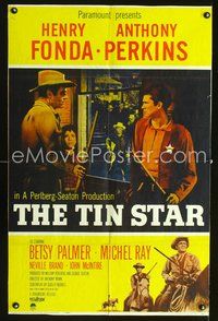 4d897 TIN STAR  1sh '57 close up of cowboys Henry Fonda & Anthony Perkins!