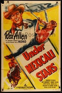 4d928 UNDER MEXICALI STARS style A 1sh '50 cowboy Rex Allen hangs from airplane!