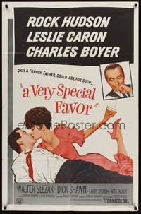 4d935 VERY SPECIAL FAVOR  1sh '65 Charles Boyer, Rock Hudson tries to unwind sexy Leslie Caron!