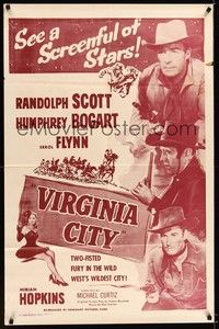 4d938 VIRGINIA CITY  1sh R56 Errol Flynn, Humphrey Bogart & Randolph Scott, plus sexy Hopkins!