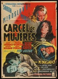 4e030 CARCEL DE MUJERES Mexican poster '51 great art of catfight between female inmates!