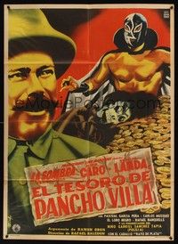4e038 EL TESORO DE PANCHO VILLA Mexican poster 1954  art of masked wrestler & pile of gold by Diaz!