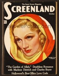 4f064 SCREENLAND magazine October 1936 cool art of hooded Marlene Dietrich by Marland Stone!