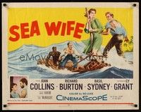 4g596 SEA WIFE 1/2sh '57 great castaway art of sexy Joan Collins & Richard Burton on raft at sea!
